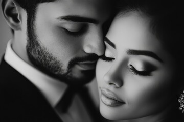 An artistic black and white close-up portrait of a married couple with faces gently touching, capturing the essence of romance and intimacy through a timeless lens.