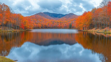 Obraz premium A serene lake surrounded by vibrant autumn foliage and mountains under a cloudy sky.