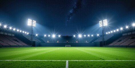 Illuminated soccer stadium at night with shining floodlights and empty field ready for match