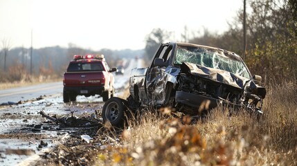 Obraz premium A damaged truck is abandoned along a roadside, with a police vehicle in the background, highlighting the aftermath of an accident.