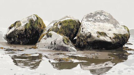 A serene depiction of moss-covered rocks by the water's edge, reflecting in the calm surface.