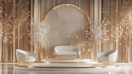 Luxurious stage podium with pearl finishes and gold detailing