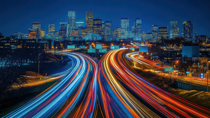 Obraz premium Busy city highway with light streaks at night