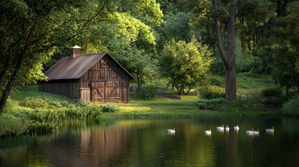 Tranquil Farm Scene with Barn, Pond, Geese, and Forest Background in Ultra-Detailed Photorealistic Style