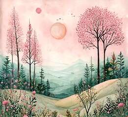 landscape with trees and flowers