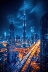 Fototapeta premium Tall buildings and light trails in the dark sky