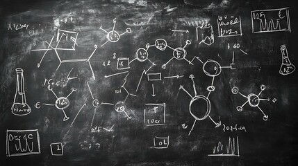 Scientific blackboard with various chemical symbols, formulas, and atomic structures drawn in chalk