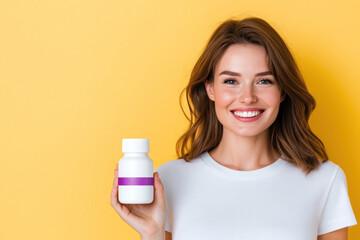 Woman with short hair holding bottle on yellow backdrop