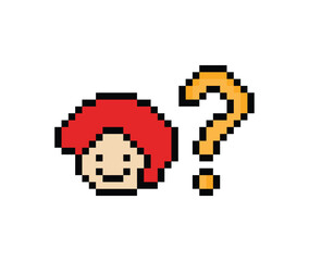 Fototapeta premium Cute pixel cartoon character man with question mark decoration 8 bit male boy confused idea question think choose cartoon pixel game 8 bit png vector.