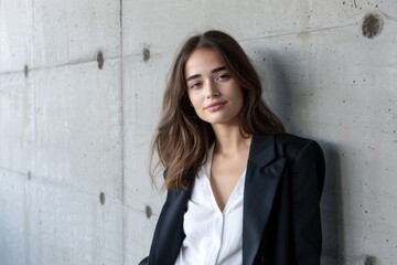 A woman leaning against a wall while wearing a business suit, great for corporate or professional settings