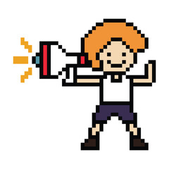Cute pixel cartoon character man with megaphone announcement speaker information announce decoration 8 bit male boy megaphone cartoon pixel game png vector. 