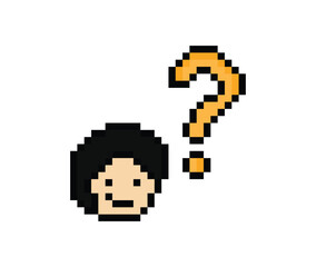 Obraz premium Cute pixel cartoon character man with question mark decoration 8 bit male boy confused idea question think choose cartoon pixel game 8 bit png vector.