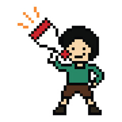 Fototapeta premium Cute pixel cartoon character man with megaphone announcement speaker information announce decoration 8 bit male boy megaphone cartoon pixel game png vector. 