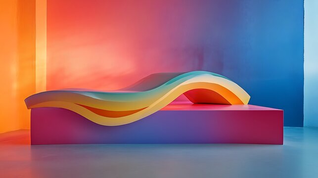 Abstract podium with dynamic wave patterns and bold contrasting hues