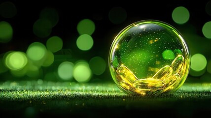 A close-up of green capsules in a translucent sphere on a vibrant green background with soft bokeh.