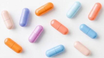 Colorful capsules arranged on a white surface, showcasing various shapes and hues for pharmaceutical use.
