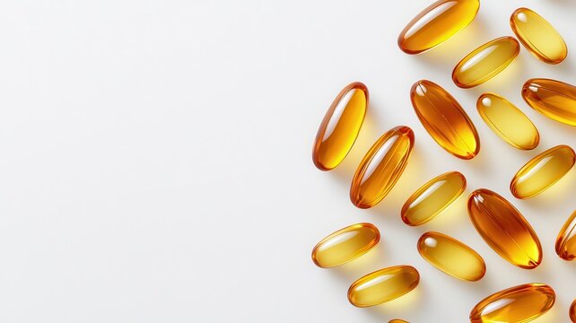 A composition of golden softgel capsules arranged on a white background for health and wellness themes.