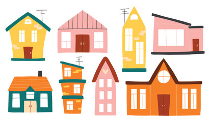 Set of houses in boho style. Vector collection of clip arts with houses in hand-drawn style. Isolated simple houses.