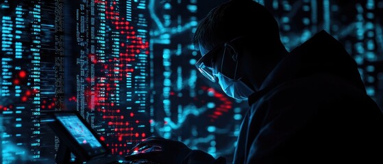 Forensic expert. Forensic scientist in a sterile lab working with a DNA sequencer, glowing digital data streams overlaying the scene
