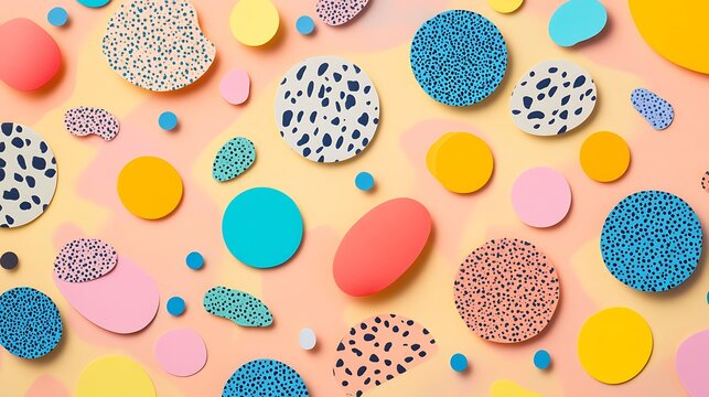 Playful stickers with confetti patterns and colorful circular elements