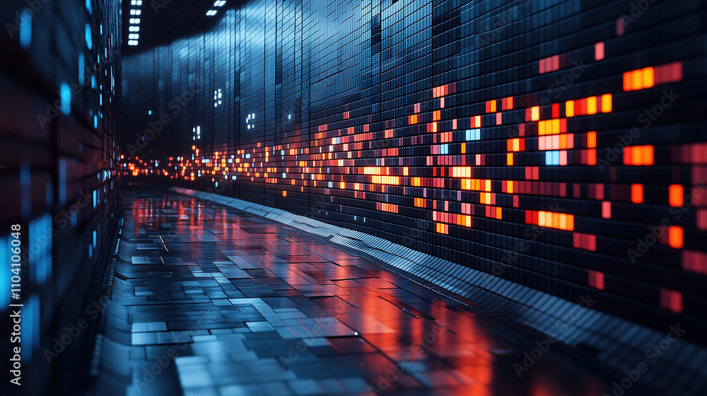 Aufkleber vibrant illuminated corridor with reflective surfaces and dynamic light patterns during evening hour
