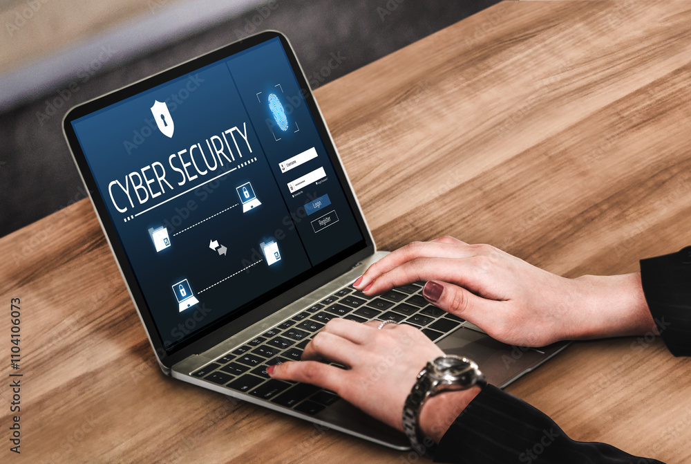 Poster cyber security system on computer screen protect private information snugly from hacker and cyber at