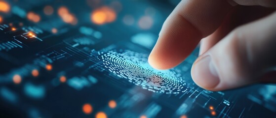 Forensic expert. Investigator scanning a digital fingerprint database, holographic interface glowing in a dark, modern room
