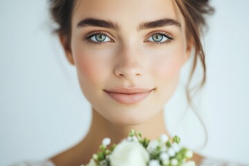 A close-up of a bride's serene face, featuring natural makeup and soft pink roses, capturing the essence of purity and grace on her wedding day.
