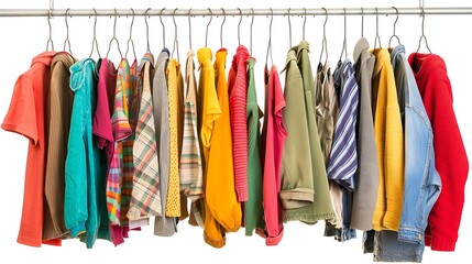 Clothes on a Hang Rail Isolated on a White Background, Showcasing Fashionable Outfits and Wardrobe Organization for Stylish Living