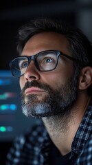 Fototapeta premium A pensive man with glasses, deeply focused on a computer screen, illuminated by the soft glow, showcasing the dedication and concentration of modern work life.