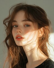 Naklejka premium A serene portrait of a young woman with natural makeup and soft brown waves, lit with delicate diffused lighting on a pale background