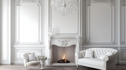 A white room with ornate walls, a fireplace, and two white sofas.