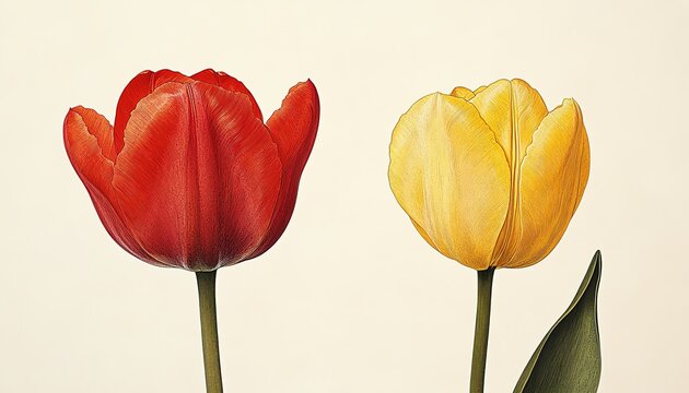 A red tulip in full bloom and a yellow tulip bud, suspended sideswipe, displayed in striking clarity against a white backdrop
