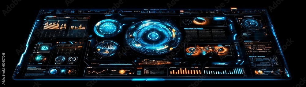 Poster futuristic digital interface design with blue glowing elements and data visualization.