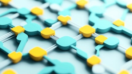 Abstract 3D geometric pattern with interconnected turquoise and yellow shapes on a light background