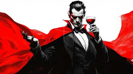 A vampire in a sleek suit and cape, holding a goblet with a mysterious liquid illustration stye isolate white background