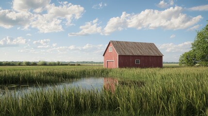 Obraz premium Tranquil Countryside Scene with Vibrant Red Barn, Tall Grasses, and Pond - Ultra-Detailed Photorealism