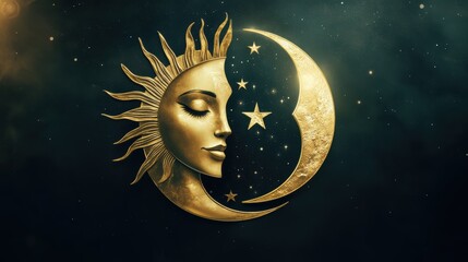 Golden sun and moon face with stars.