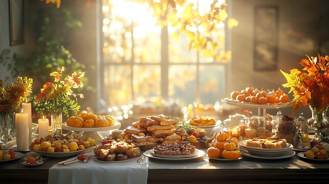 A Thanksgiving brunch buffet, a table laden with breakfast favorites like French toast, turkey sausage, and sweet potato hash, accented with autumn leaves, candles, and mini pumpkins,