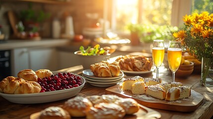 A Thanksgiving brunch setup in a country kitchen, freshly baked pastries, a bowl of cranberries, turkey sliders, and mimosas on a wooden table, surrounded by autumn-themed decor,