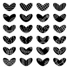 Heart in a flat style. A set of black heart icons with a white ornament. Design element.     