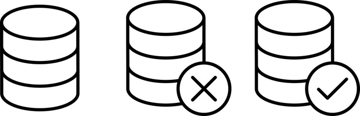 Set of minimalist database icons, with approval signs and one with a rejection sign, representing states or validations.
