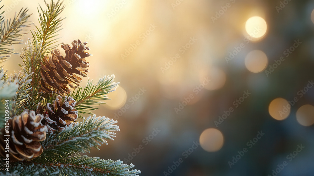 Poster beautiful pine cones on frosted branches create serene christmas background with soft bokeh lights. 