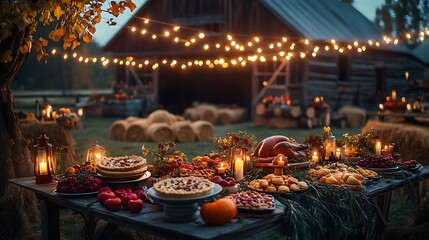 A Thanksgiving celebration under the stars, a farmyard table lit by lanterns and string lights, surrounded by hay bales and a rustic barn, fresh pies, roasted turkey,