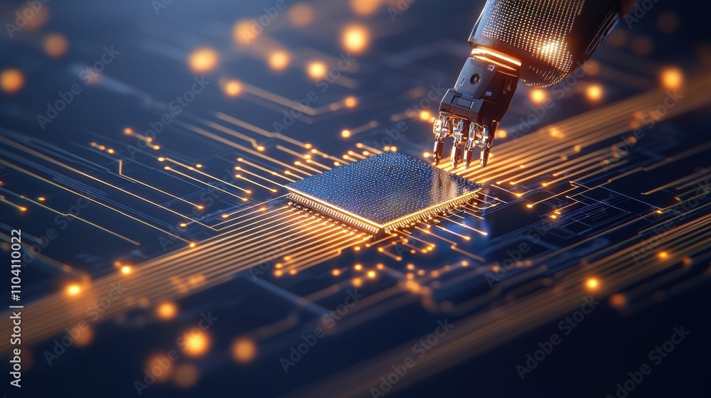Poster robotic arm manipulating microchip in high-tech laboratory innovation hub digital art futuristic env