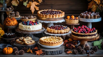 Fototapeta premium A Thanksgiving dessert table filled with pies, cakes, and pastries, styled with autumn leaves, pinecones, and seasonal fruit, a rustic wooden backdrop,