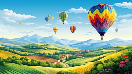 Fototapeta premium A colorful hot air balloon floats over a valley with a winding river, hills, and fields.