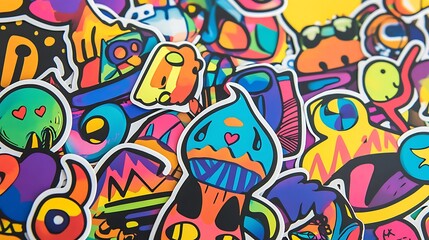 Whimsical sticker collection with doodle-style patterns and vibrant hues