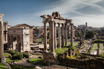 Fototapeta premium The Roman Forum also known by its Latin name Forum Romanum, is a rectangular forum surrounded by the ruins of several important ancient government buildings at the centre of the city of Rome. Italy