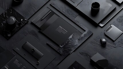 Monochromatic advertising layout with sleek black designs and subtle textures